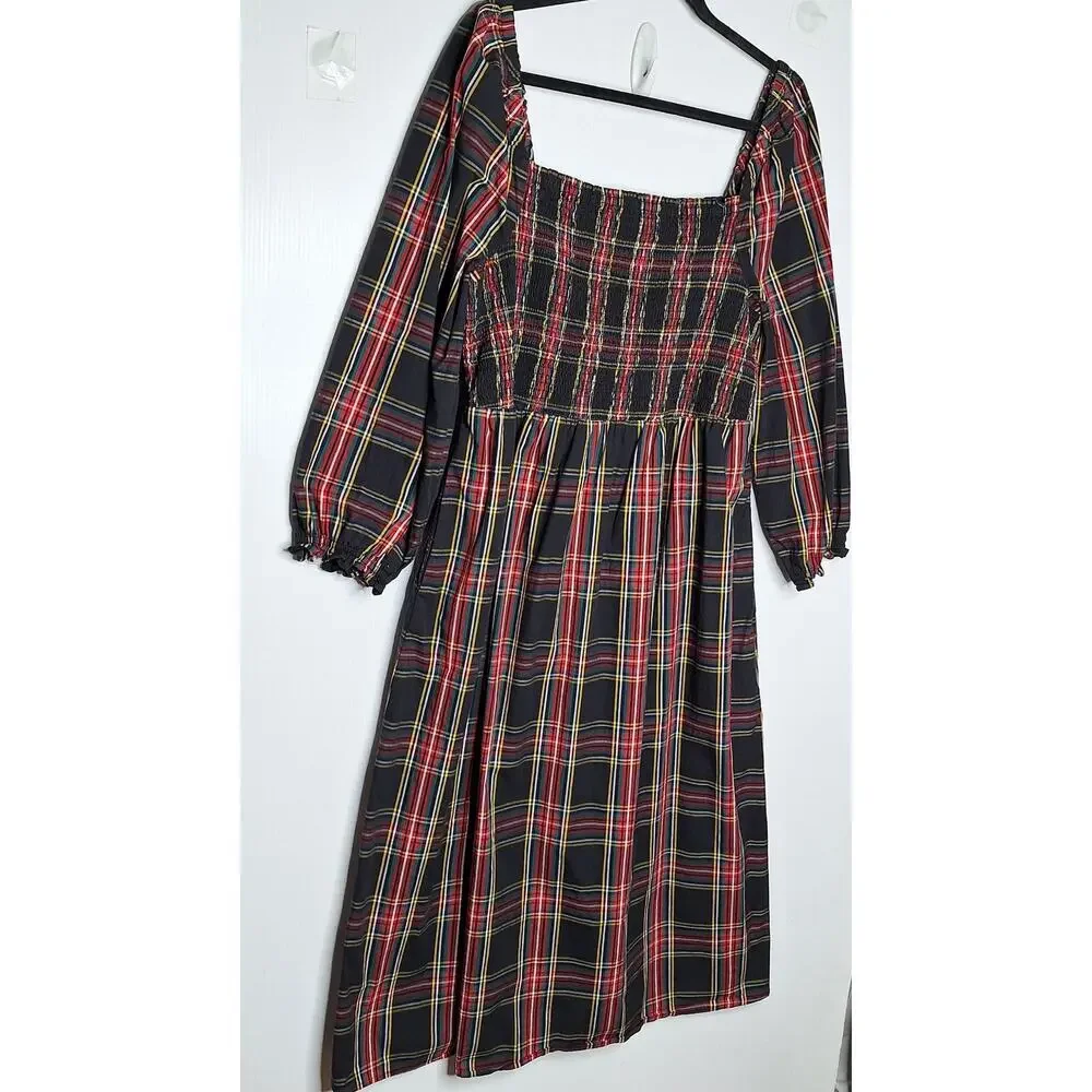 J. Crew Tartan Plaid Midi Dress Smocked Cotton Cottagecore XXL 2X Academia